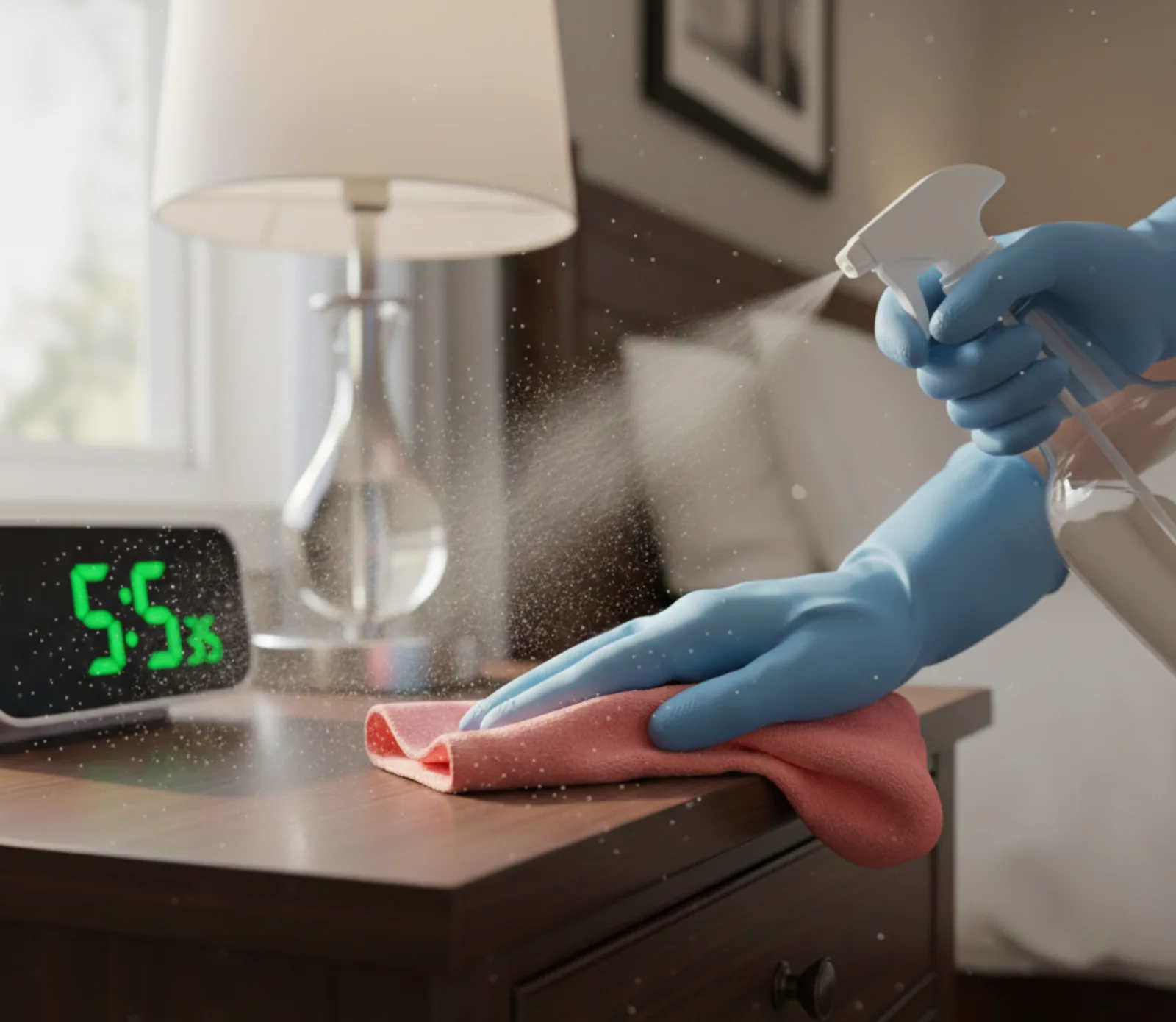 Wiping a surface with a spray bottle and microfiber cloth