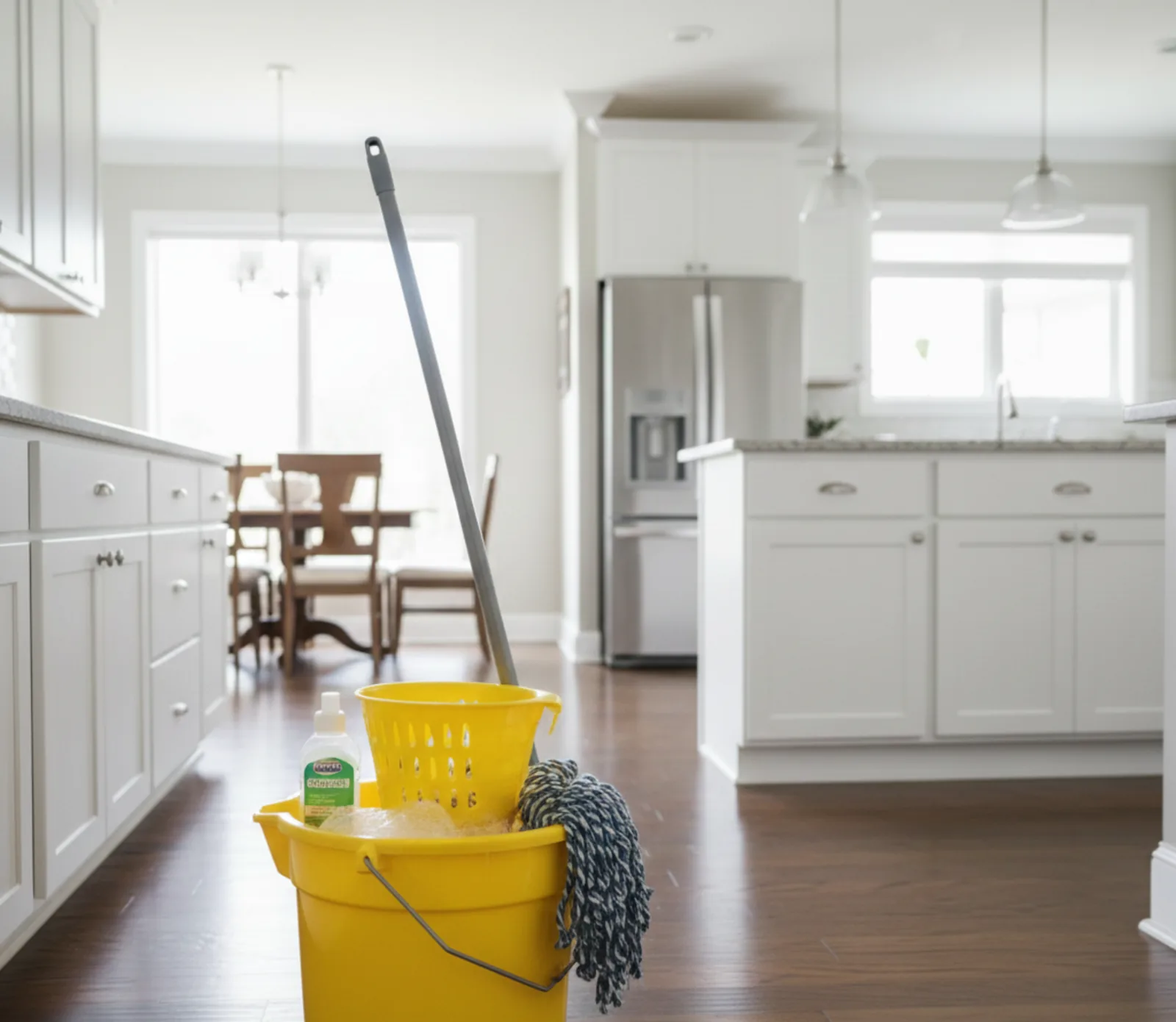 Cleaning bucket and mop inside a bright kitchen