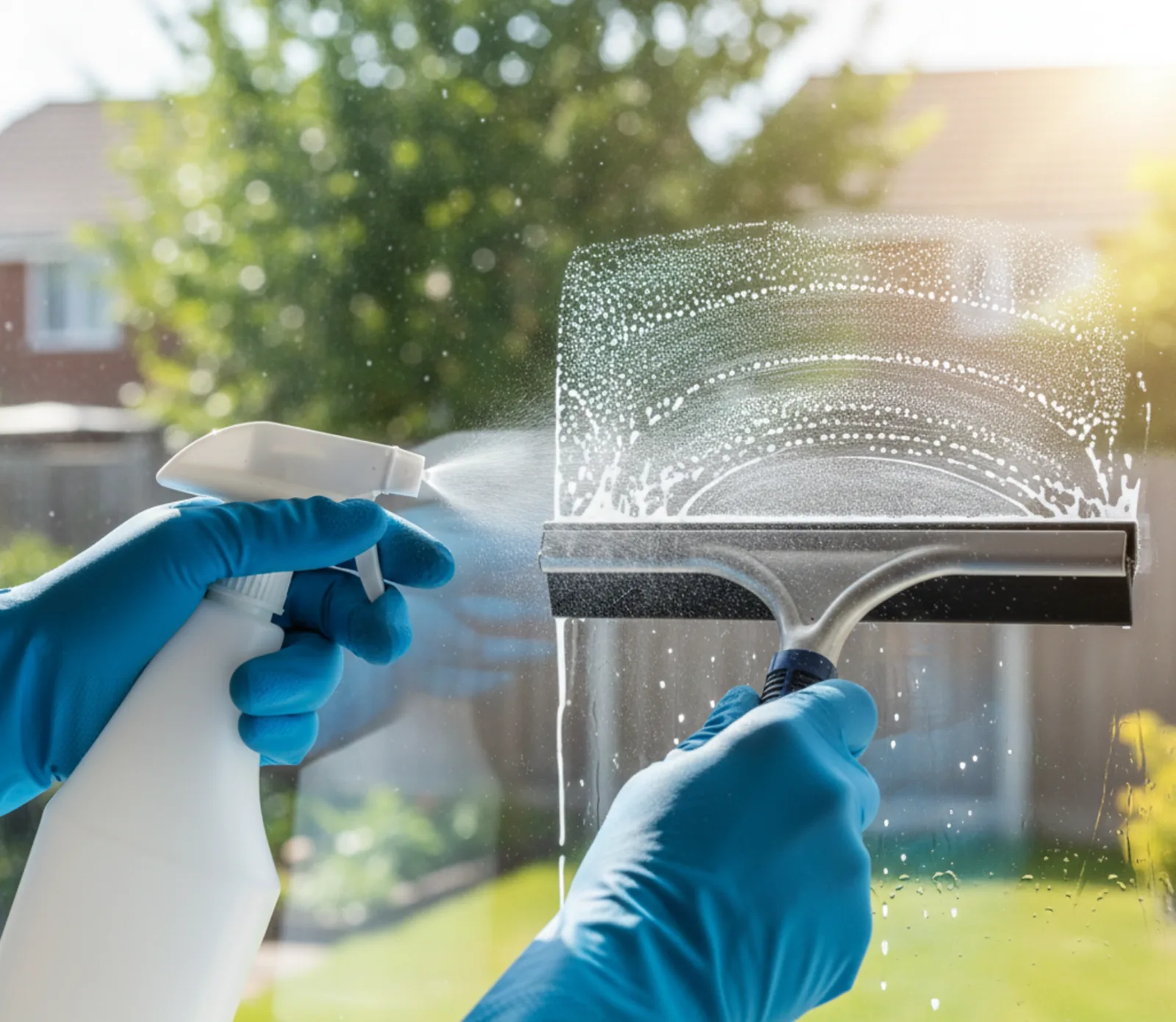 Cleaning a window with a squeegee
