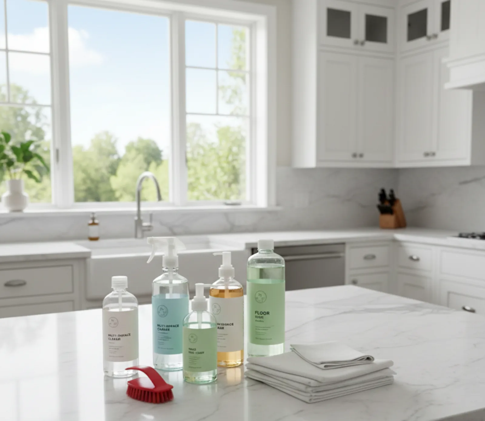 Minimal cleaning supplies on a bright kitchen counter