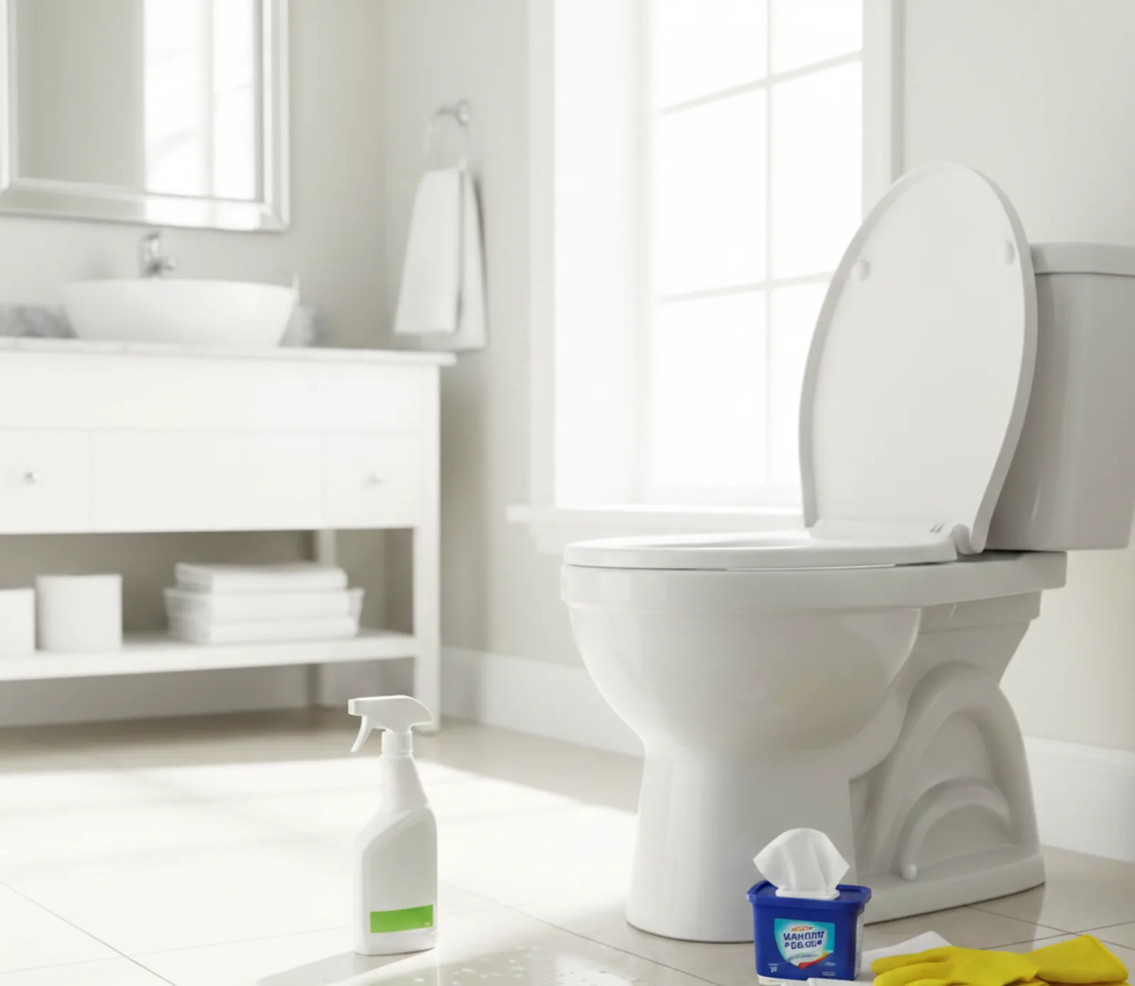 Bright bathroom cleaning scene